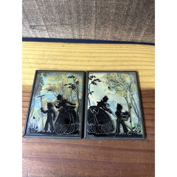 2 Vintage Silhouette Reverse Painting on Convex Glass - Picture 1 of 5
